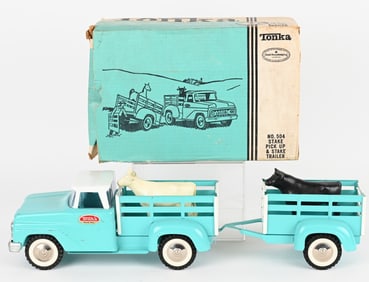 TONKA STAKE PICKUP & STAKE TRAILER w/ BOX