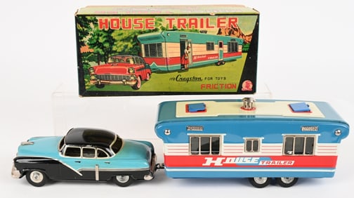 JAPAN TIN FRICTION FORD & HOUSE TRAILER w/ BOX