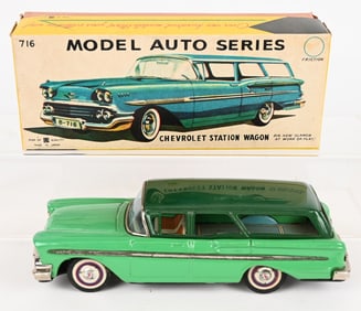 BANDAI TIN FRICTION CHEVY STATION WAGON w/ BOX