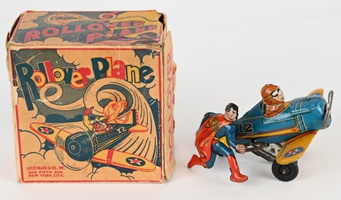 MARX TIN WINDUP SUPERMAN ROLLOVER AIRPLANE w/ BOX