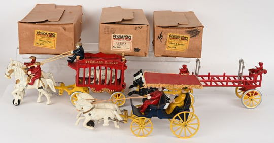 3- KENTON CAST IRON HORSE DRAWN TOYS w/ BOXES