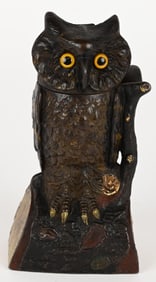 J&E STEVENS CAST IRON OWL MECHANICAL BANK
