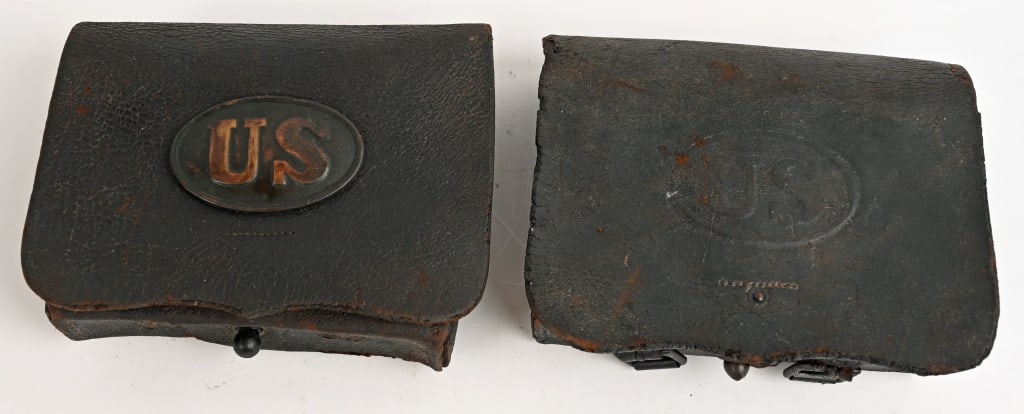 CIVIL WAR FEDERAL CARTRIDGE BOT LOT OF 2 WITH TINS: Civil War lot to include 1) CIVIL WAR US M1855 CARTRIDGE BOX WITH US PLATE. Civil War federal Model 1855 Cartridge Box. Tins are still present. Has original brass "US" on the flap. Piece exhibits age