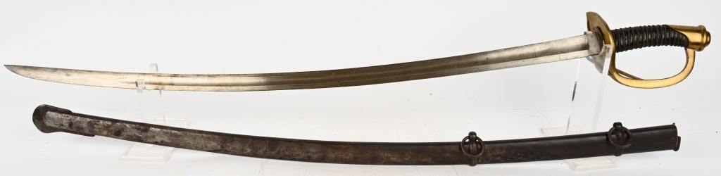 CIVIL WAR MODEL 1840 HEAVY CAVALRY SWORD: Civil War period Cavalry sword. Blade is 36" long with a bright patina with a tiny edge nick. Grip retains all of the leather wrap and twisted brass wire. Correct scabbard is straight with no dents. A