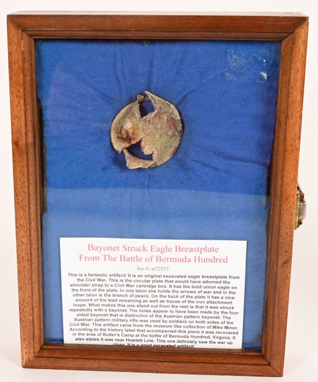 CIVIL WAR STRUCK FEDERAL UNION BREAST PLATE: This is a fantastic artifact! It is an original excavated eagle breastplate from the Civil War. This is the circular plate that would have adorned the shoulder strap to a Civil War cartridge box. It h