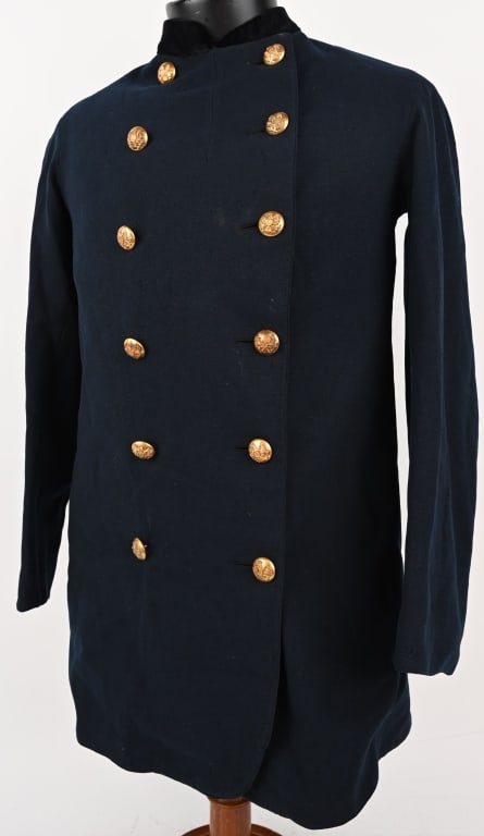 INDIAN WARS OFFICERS SHELL JACKET W VELVET COLLAR: Indian Wars Officers Uniform Jacket is double breasted with a 12 button front and a velvet, high stand up colllar. Tunic is roughly a size 36 and is fully lined in brown satin. Excellent.