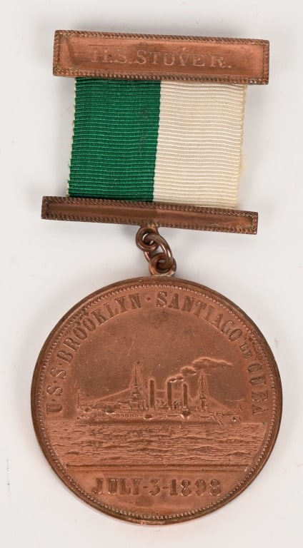 SPAN AM USS BROOKLYN NAMED MEDAL SANTIAGO CUBA: Medal commemorating the destruction of the Spanish fleet, 1898. Obverse: Starboard broadside view of the USS 'Brooklyn' under steam. Legend: 'U . S . S . BROOKLYN . SANTIAGO DE CUBA.' Exergue: 'JULY-3