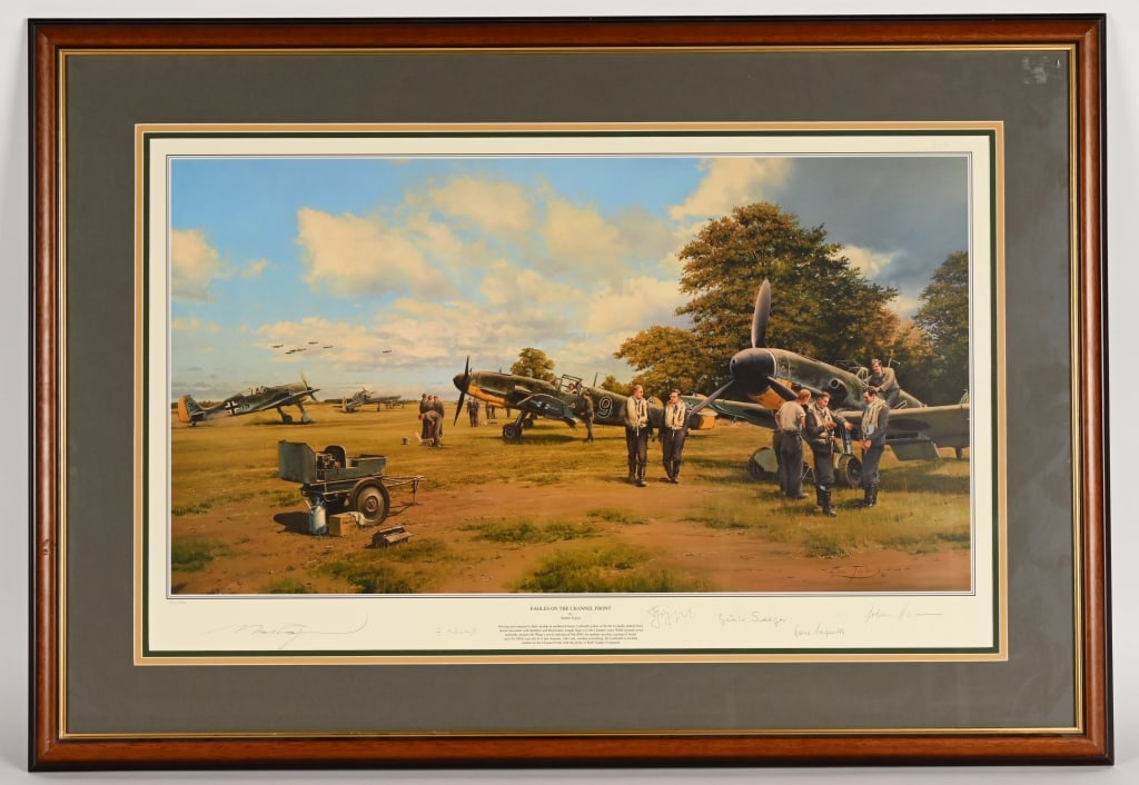 EAGLE ON THE CHANNEL FRONT PRINT "NAZI SIGNED": Artist Robert Taylor "Eagles on the Channel Front" print #354/500. Great image of Nazi Fighter Plane and Pilots. Print is hand signed by 6 Nazi Luftwaffe Aces. Professionally framed. Comes with Certif