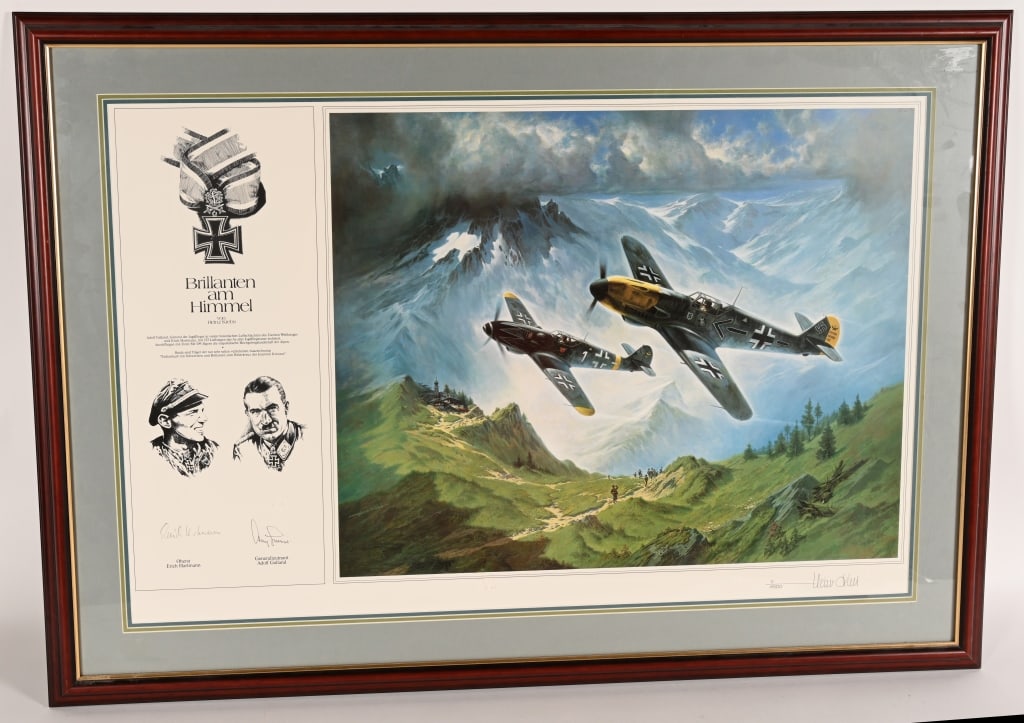 DIAMOND IN THE SKY PRINT "NAZI SIGNED': Artist Heinz Krebs Brillanten am Himmel "Diamnonds in the Sky" Ptint 7/1500 Artist Signed. Print is signed by Nazi Luftwaffe Aces Adolph Galland and Oberst Erich Hartmann. Professionally framed. 43"x3