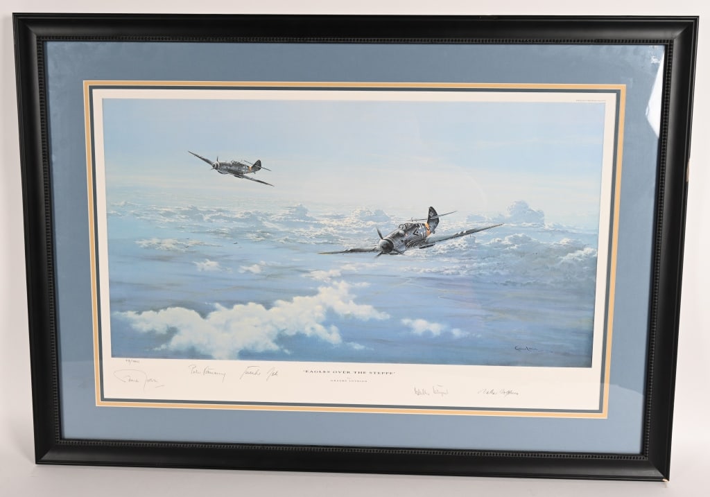 EAGLES OVER THE STEPPE PRINT "NAZI SIGNED": Artist Graeme Lothian "Eagles Over the Steppe" Print 73/1000 Artist Signed. Print is signed by Nazi Luftwaffe Aces Gunther Rall, Walter Krupinski, Peter Duttman, and Walter Wolfrum. Professionally Fra