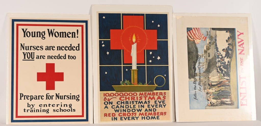 WW1 US AMERICAN RED CROSS POSTER LOT WWI: Lot of WW1 Posters to include 1) WWI ENLIST IN THE NAVY POSTER BY GEORGE H. WRIGHT. "ENLIST IN THE NAVY FOLLOW THE BOYS IN BLUE FOR HOME AND COUNTRY" Circa 1914-1917. By George Hand Wright f