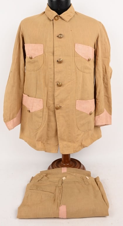 M1889 SPAN AM SIGNALS ENLISTED UNIFORM W TROUSERS: M1889 Span AM Enlisted Uniform Jacket with Trousers. Both Jacket and Trousers are made of a light weight cotton with Salmon colored facings. The trousers also have the same color stripe running down t
