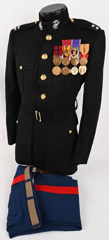 UNITED STATES MARINE CORPS OFFICERS UNIFORM MEDALS: Post WWII Marine Corps Captains Dress Uniform with Medals lot to include Bronze Star with V device, Purple Heart, Good Conduct Medal, China Service Medal, American Campaign Medal, Asiatic Pacific