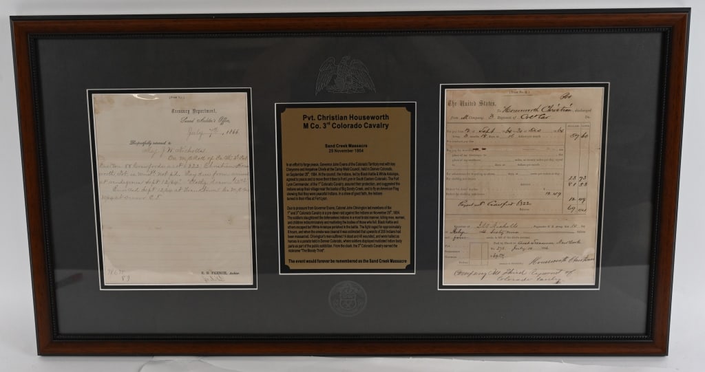 FRAMED SAND CREEK MASSACRE DOCUMENTS 3rd CO. CAV.: Two framed documents of a member of the 3rd Colorado Cavalry named Pvt. Christian Houseworth of M Co. Excellent. Pvt. Christian Houseworth M Co. 3rd Colorado CavalrySand Creek Massacre 29 Novembe