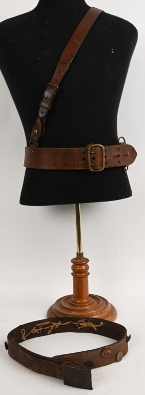 WW1 US SAM BROWNE & GERMAN HATE BELT LOT WWI: Lot of two WW1 US & German Leather Belts to include 1) Imperial German Bavarian Hate Belt with 20 devices including a Steel Feld Grau Painted Enlisted Belt Buckle 2) WW1 US Army Officers Sam Browne Be