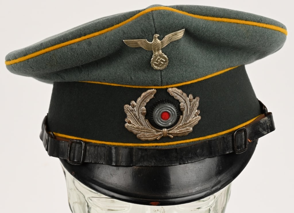 WWII NAZI GERMAN CAVALRY NCO VISOR CAP OR HAT WW2: Nice quality, private purchased, visor cap with a field-gray wool and rayon blend body and crown and a blue/green badge cloth centerband with yellow wool waffenfarbe to the crown edge and both th