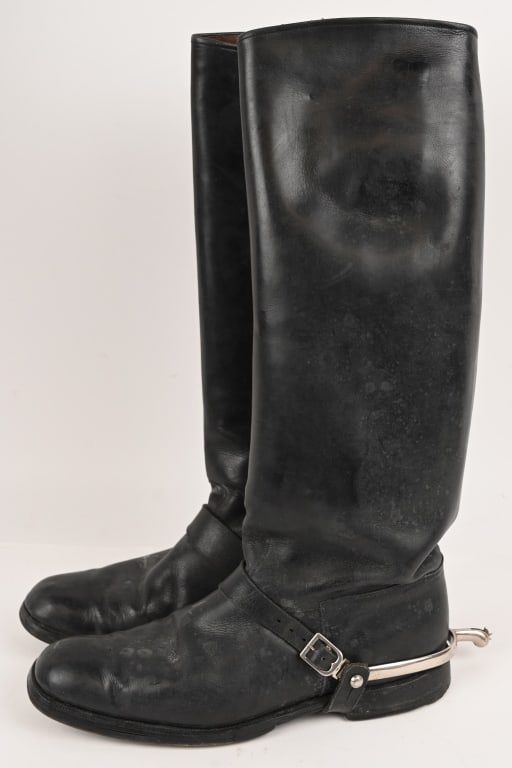 WWII NAZI GERMAN WEHRMACHT OFFICER'S JACK BOOTS: Nice quality, tall, blackened leather construction boots are roughly 34cm tall from the top of the heel to the top of the back calf section. The boots have a machine stitched, central, vertical, seam
