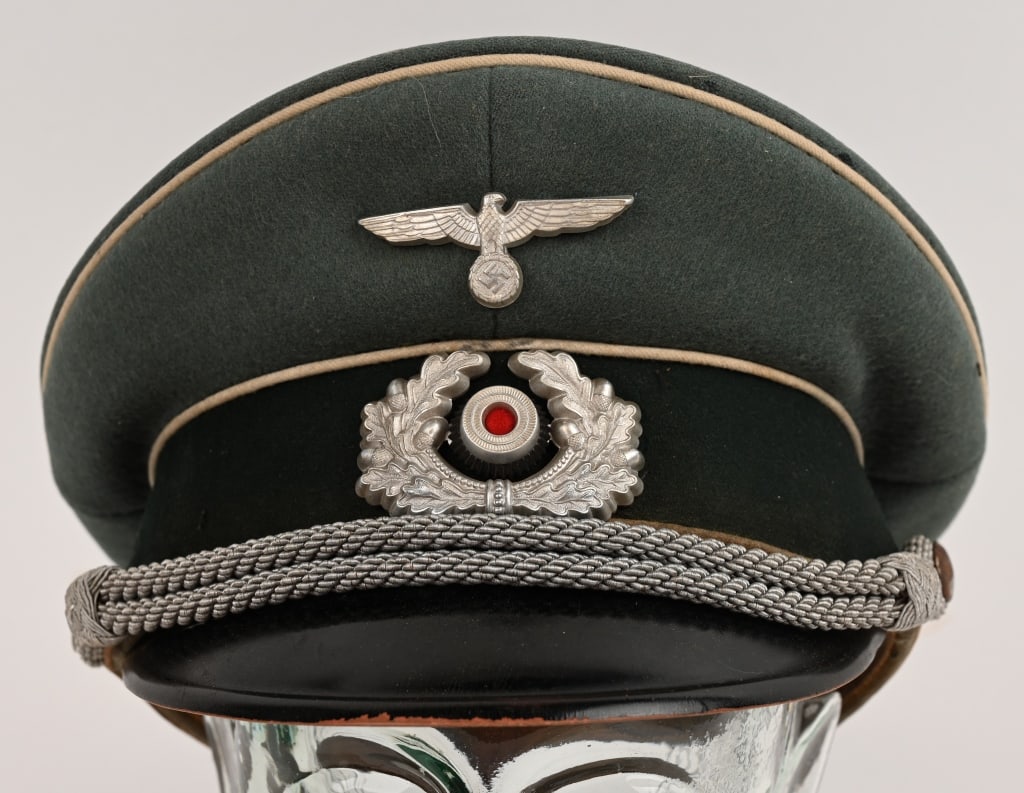 WWII NAZI GERMAN INFANTRY OFFICERS VISOR HAT WW2: Beautiful quality private purchase officer's visor cap with a slightly mottled field-gray doeskin wool body and crown and a blue/green badge cloth centerband with white wool waffenfarbe piping to the