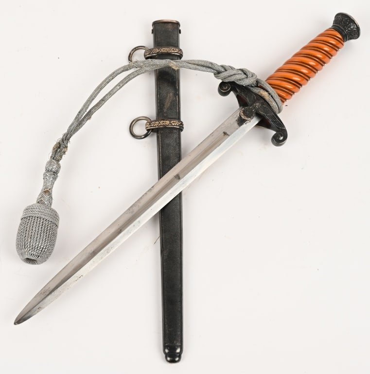 WWII NAZI GERMAN ARMY OFFICERS DAGGER ALCOSO WW2: The dagger features a roughly 26cm long drop forged steel construction nickel/silver plated stiletto style blade with a flat central ridge and a full length including the hilt of roughly 38cm. Blade h