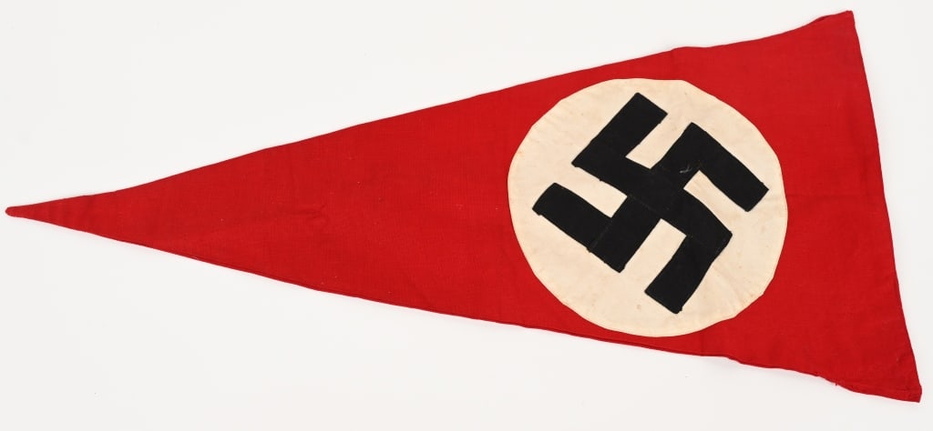 WWII NAZI GERMAN NSDAP EARLY BANNER FLAG WW2: Early NSDAP Pennant measures 10 X 19 1/2 inches and is double sided with an applied swastika and appears to be very early. Probably one of the most recognizable pieces of insignia associated with the