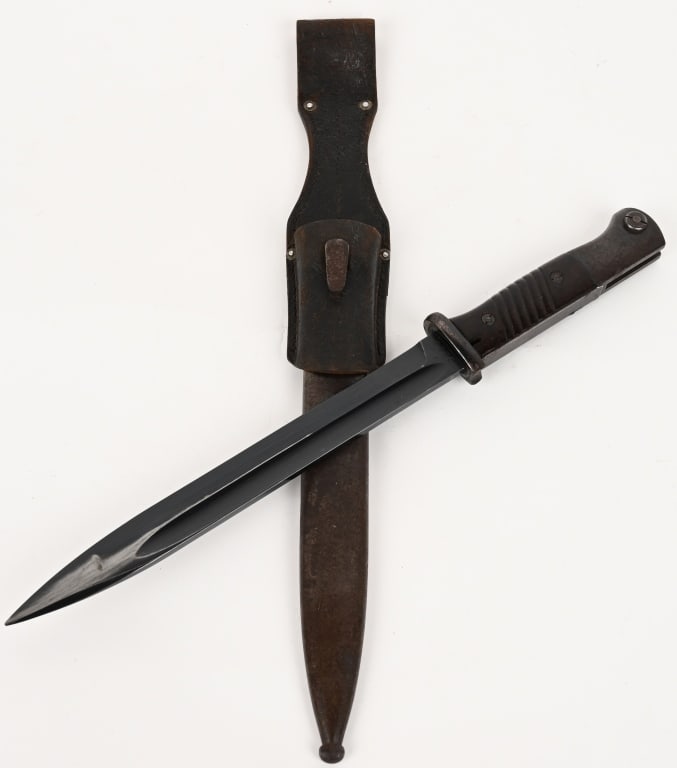 WWII NAZI K98 BAYONET & SCABBARD ASW 1941 WW2: Blade has a nice factory finish and is marked 41 asw. There are Waffenamt on the pommel WaA883. The scabbard is marked 41 asw both with matching serial numbers 6930 e with excellent frog.