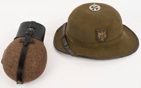 WWII NAZI GERMAN PITH HELMET & CANTEEN LOT WW2