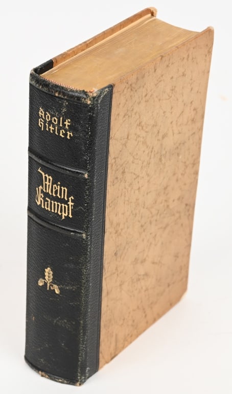 WWII NAZI GERMAN 1943 Ed. MEIN KAMPF GERMAN WW2: A Wedding edition Mein Kampf measuring 12.5cm x 19cm, hardcover, 784 page book, published by the "Zentralverlag der NSDAP. Fr[an]z. Eher Nachf., München," in 1943. To its dark blue leather spine