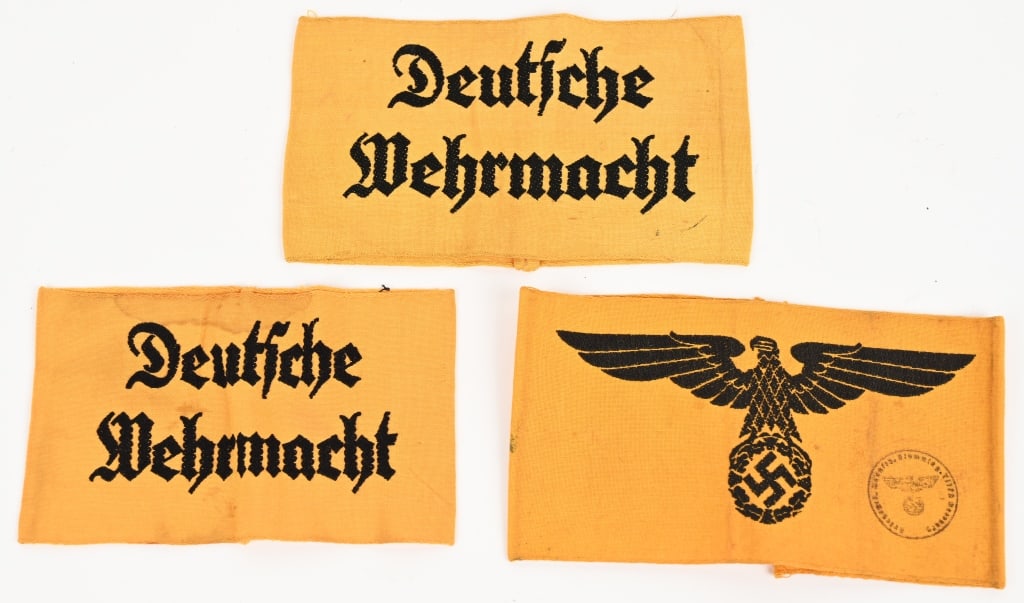 WWII NAZI GERMAN ARMY ARMBAND LOT WW2: Lot of 3 WWII Nazi German Armbands to include 1) DEUTSCHE WEHRMACHT ARMBAND. Roughly, 10.5cm tall, 36cm long, woven, yellow rayon construction armband with woven, black, Gothic script in two lines to 