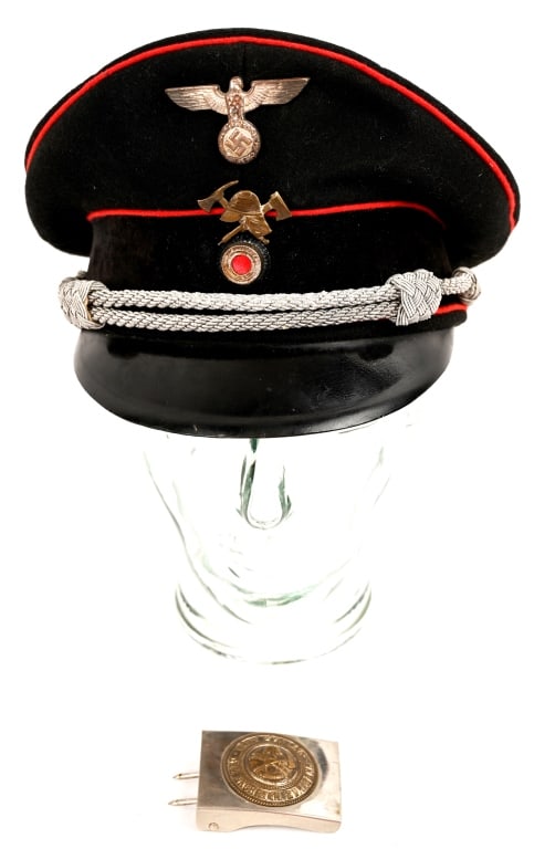 WWII NAZI GERMAN FIR POLICE VISOR HAT BELT BUCKLE: Nice quality, private purchase, Feuerschutzpolizei Officer’s visor cap features a black wool body, a black velvet centerband and Feuerschutzpolizei red wool truppenfarbe, piping to the crown edg