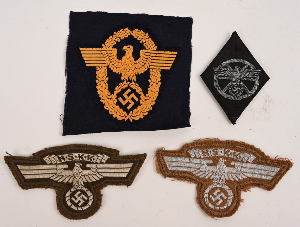 WWII NAZI GERMAN INSIGNIA LOT WATER POLICE NSKK: Lot of WWII Nazi German insignia to include 1) NSKK SECOND PATTERN DRIVER'S SLEEVE DIAMOND. A black rayon diamond sewn over a wool padding insert, 70mm tall and 52mm wide, upon which is machine woven,