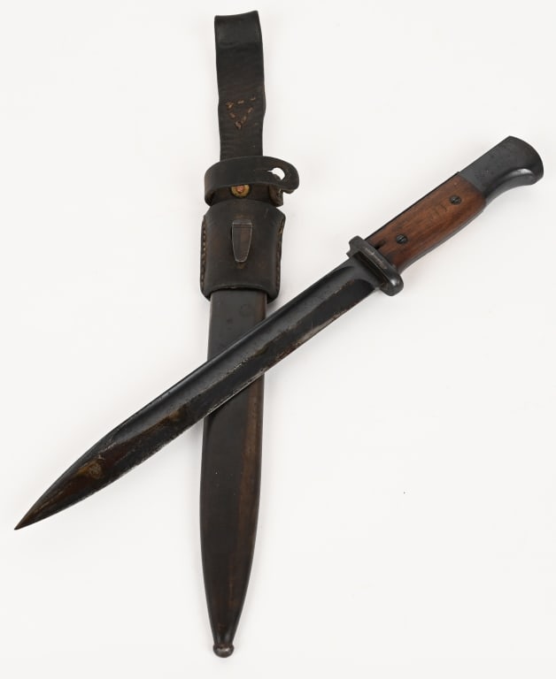 WWII NAZI K98 BAYONET W/ MATCHING SCABBARD & FROG: K98 bayonet manufactured by F. Herder. Other side of blade is stamped 872. Scabbard is matching, stamped 872. Other side of the scabbard is stamped F.HERDER A.Sn. Frog shows minor wear and is in excel