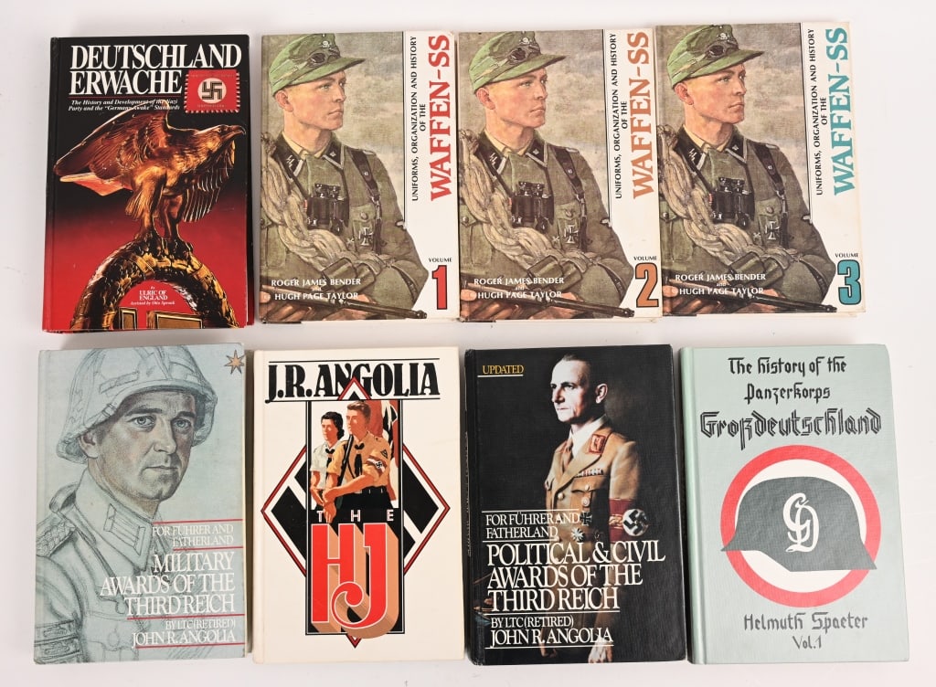 WWII NAZI GERMAN REFERENCE BOOK LOT HJ SS AWARDS: Lot of WWII Nazi German Reference Books to include 1) Uniforms Organization and History of the Waffen, Vol. 1 by Roger James Bender and Hugh Page Taylor 2) Uniforms Organization and History of the Waf