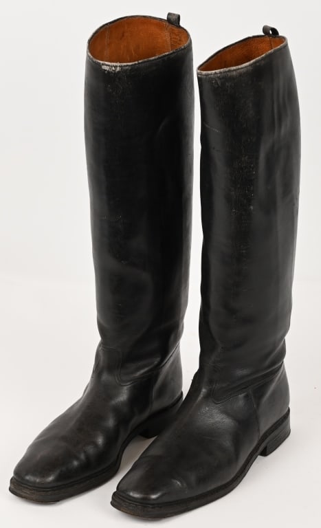 WWII NAZI GERMAN WEHRMACHT OFFICER'S JACK BOOTS: Nice quality, tall, blackened leather construction boots are roughly 20 inches tall from the top of the heel to the top of the back calf section. The boots have a machine stitched, central, vertical,