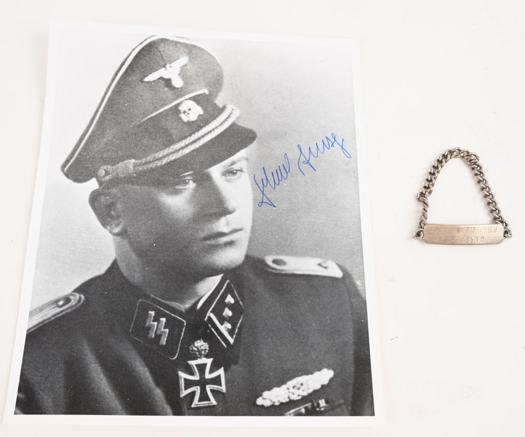 WWII NAZI GERMAN SIGNED WAFFEN SS PHOTO LOT WW2: Lot of two, items to include 1) Sterling ID Bracelet. Named to the front Wyatt W. Lipscomb 18243532 and to the reverse Mom, Dad & Sis. 2) Signed photo of SS-Hauptsturmführer Helmut Scholz (Waffen