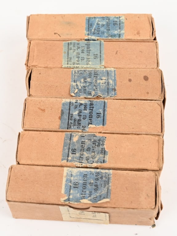 WWII NAZI GERMAN 6 BOXES OR ORIGINAL 9MM AMMO WW2: Lot of 6 boxes of original Nazi German marked 16 rounds per box of unused 9mm ammo. The boxes are labeled Pistolen Patronen 08 m.E Boxes show wear but cartridges are excellent.