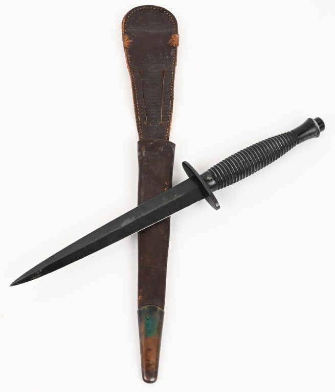 WWII BRITISH SYKES FAIRBAIRN FIGHTING KNIFE WW2: World War II era Fairbairn Sykes commando fighting knife. Blade is blued finish, near 100% with light wear at the tip and age wear. Ribbed handle shows minimal wear and is solid marked with a 1. Cross
