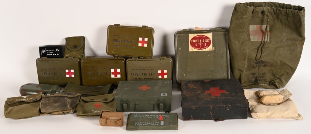 WWII & POST FIRST AID KIT LOT & POUCHES WW2: Field gear lot to include 1) General Purpose First Aid Kit with Contents 2) General Purpose First Aid Kit with Contents 3) Saunders Snake Bite Kit Complete 4) Vehicle Mounted First Aid Kit with conten
