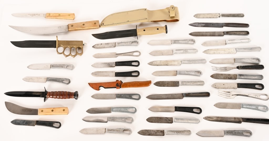 INDIAN WARS - VIETNAM US KNIFE LOT ONTARIO UTICA: US Knife lot to include 1) US ONTARIO FIGHTING KNIFE. Both scabbard and knife are excellent. 2) 1962 dated Imperial Knife measuring 15 inches overall with a curved blade and wooden handle 3) US Ontari