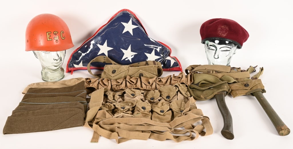 US MILITARY FIELD GEAR LOT EAGLE SNAP AMMO BELT: Lot of US Field Gear to include 1) US MODEL 1903 EAGLE SNAP MILLS BELT 9-POCKET. Model 1903 Cartridge belt with pockets for the Model 1903 Springfield rifle .30-06 stripper clips. Produced betwe