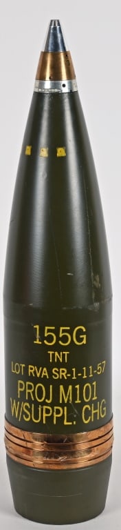 155MM M101 HIGH EXPLOSIVE HE PROJECTILE: 155mm M101 High Explosive HE Projectile. This 155mm Artillery Round has been empty and deactivated in accordance per the current BATF guidelines on inert ordnance ownership. The round is no longer abl