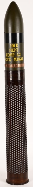 106MM M346A1 M40 RECOILLESS RIFLE TRACER ROUND: 106mm M346A1 High Explosive Projectile-Tracer round for M40 Recoilless. INERT 106mm M346A1 High Explosive Projectile-Tracer round for 106mm M40 Recoilless Rifle. Approx length 38", Approx width 8", Ap
