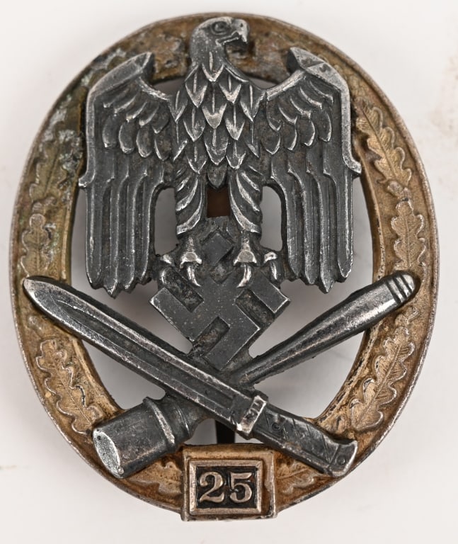 WWII NAZI GERMAN 25 ASSAULT BADGE BY RK WW2: A very well made early copy of the 25 General Assault Badge by RK. Would look great on a uniform at a fraction of the cost.