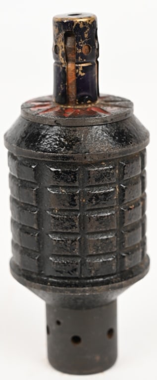 WWII IMPERIAL JAPANESE TYPE 91 GRENADE W FUZE WW2: Excellent condition WWII Japanese Type 91 Knee Mortar Grenade with internal fuze parts but is inert. The Type 91 hand grenade was an improved version of the Type 10 fragmentation hand grenade/rifle gr