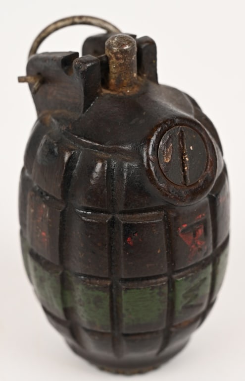 WWII BRITISH M36 MILLS BOMB GRENADE 43 DATED WW2: Mills 36 Grenade by Frost & Wood. WW2 Mills 36 Grenade. Striker Spring is marked FW. Excellent. INERT DEACTIVATED. William Mills a hand grenade designer from Sunderland patented developed and manufact
