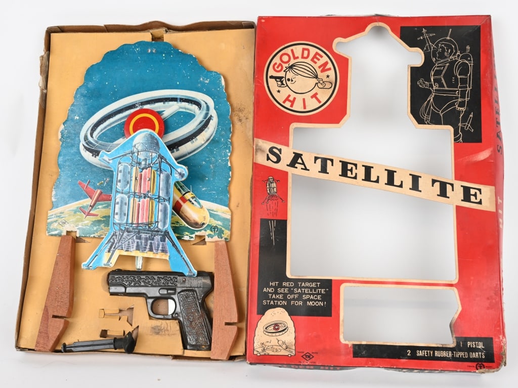 JAPAN GOLDEN HIT SATELLITE TARGET GAME w/ BOX: Japan Golden Hit Satellite Game. All original and complete with Satellite Target and Dart Gun. Boxed 17" Excellent