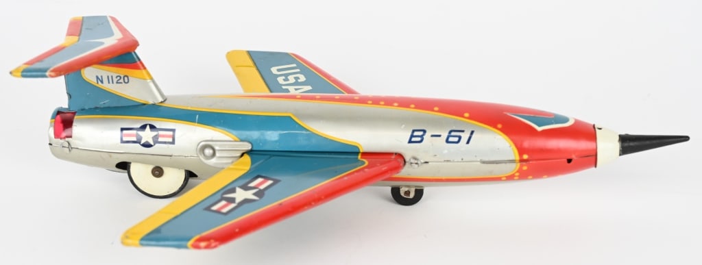 JAPAN TIN FRICTION B-61 SUPER SONIC JET: Japan tin friction B-61 Super Sonic Jet. All original with great colors. Friction works. Very rare. 12 1/2" Excellent