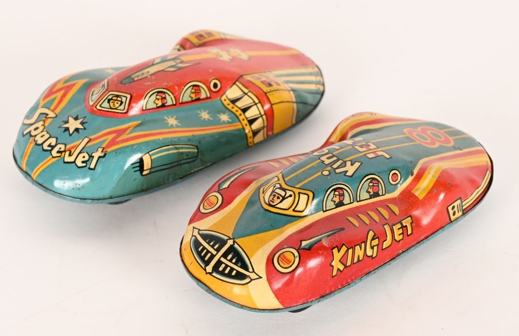 SPACE JET & KING JET TIN FRICTION SPACE CARS: Space Jet and King Jet tin friction Space Cars. Both all original and in great shape. Frictions work. 4 1/4" Excellent