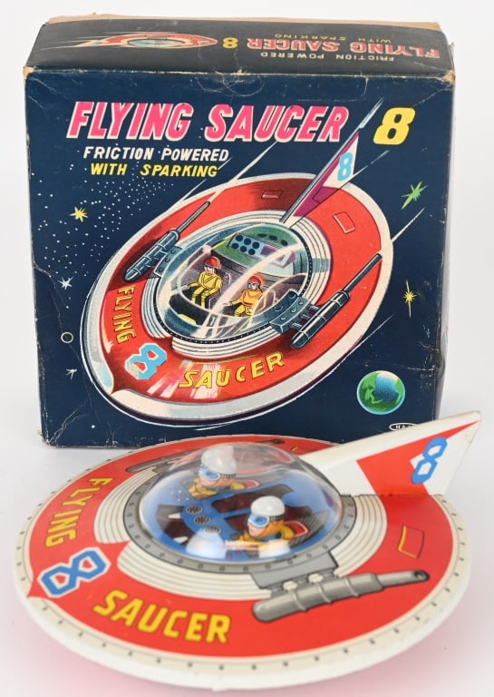 HAJI TIN FRICTION FLYING SAUCER 8 w/ BOX: Japan tin friction Flying Saucer 8. All original and looks never played with condition. Boxed with Insert. 7" Excellent