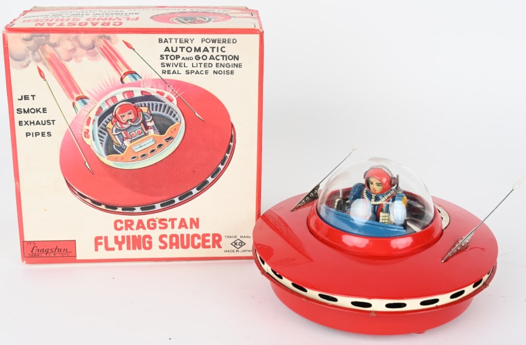 CRAGSTAN FLYING SAUCER WITH JET SMOKE w/ BOX: Japan battery operated Cragstan Flying Saucer with Jet Smoke Exhaust Pipes. Very hard to find version. All original and looks never played with condition. Worked when tested. Boxed in great condition.