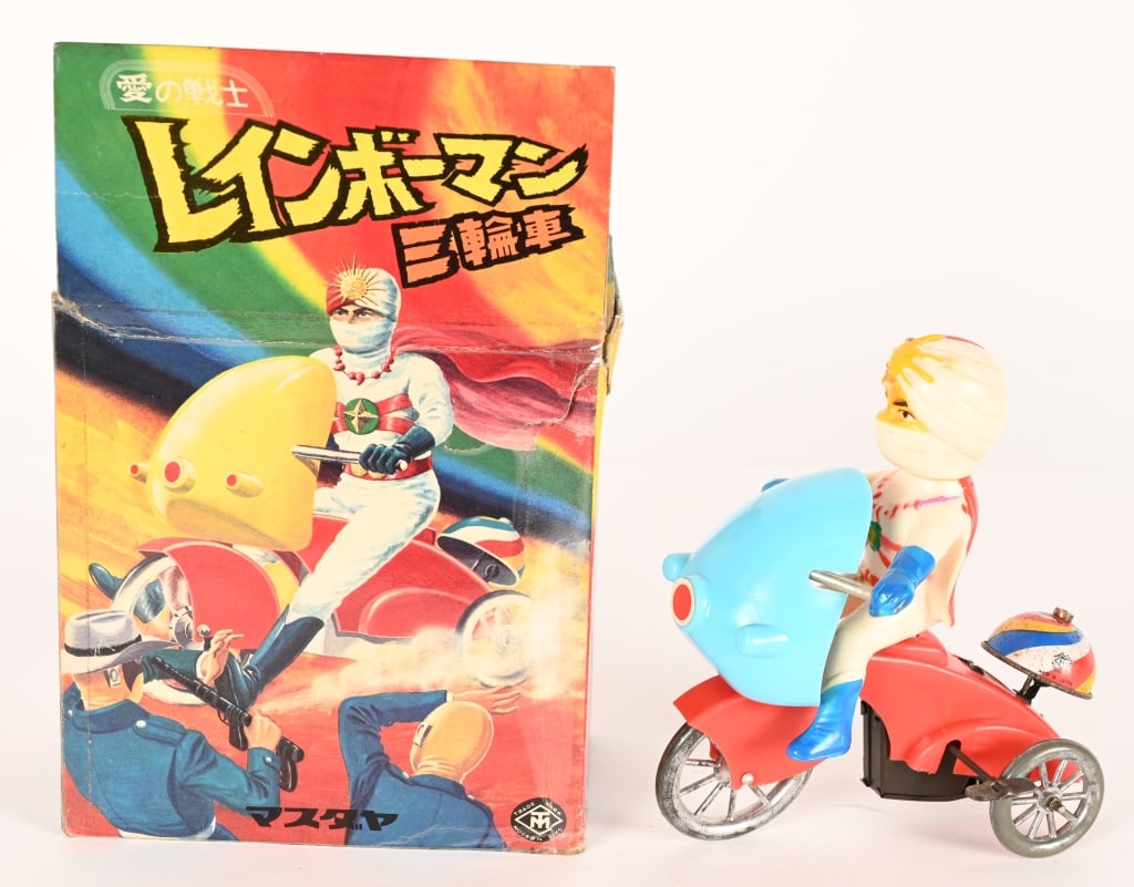 MT WINDUP MOONLIGHT MAN TRIKE w/ BOX: Japan windup Moonlight Man Trike. All original and looks never played with. Works. Boxed. 7" Excellent